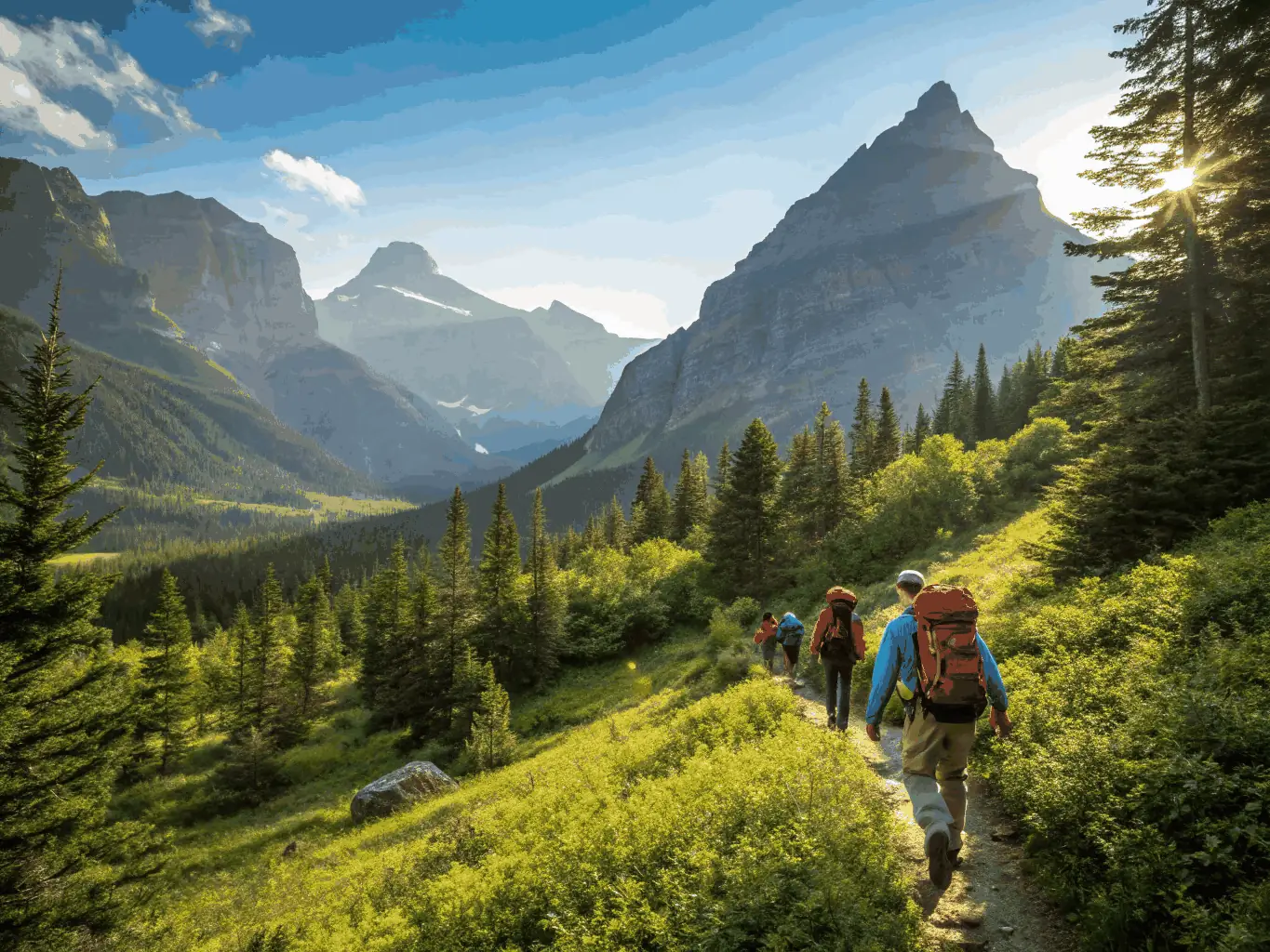 A photograph depicting a group of hikers traversing a scenic mountain trail during a RANDONNEE DES MILLE SOURCES guided hike. The image should capture the beauty of the natural landscape and the camaraderie among the participants.