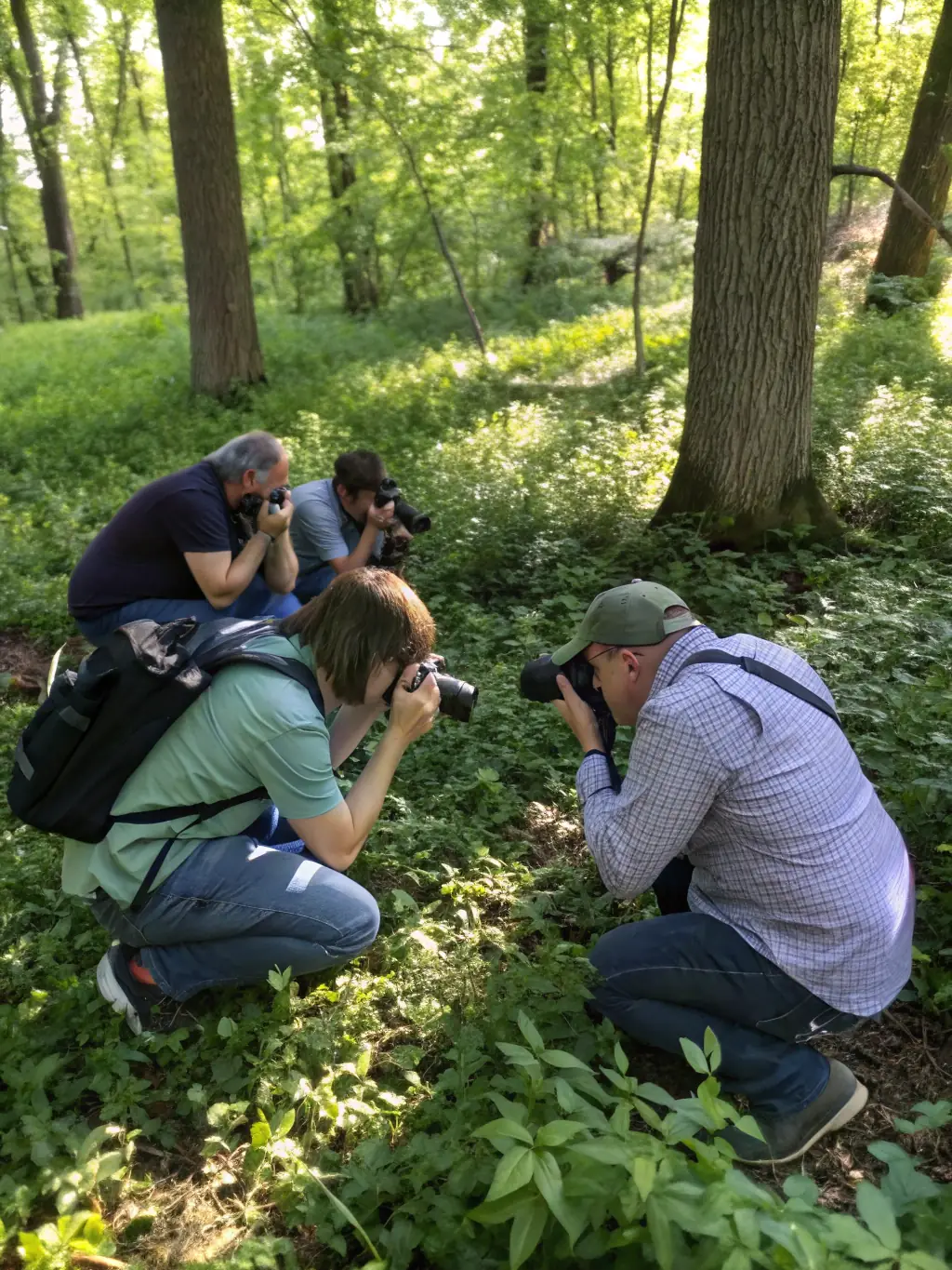 A diverse group of people participating in a nature photography workshop in a scenic outdoor location, showcasing the organization's educational activities.