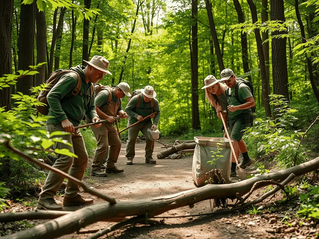 A photograph featuring volunteers participating in a trail maintenance project organized by RANDONNEE DES MILLE SOURCES. The image should convey a sense of community involvement and environmental stewardship.