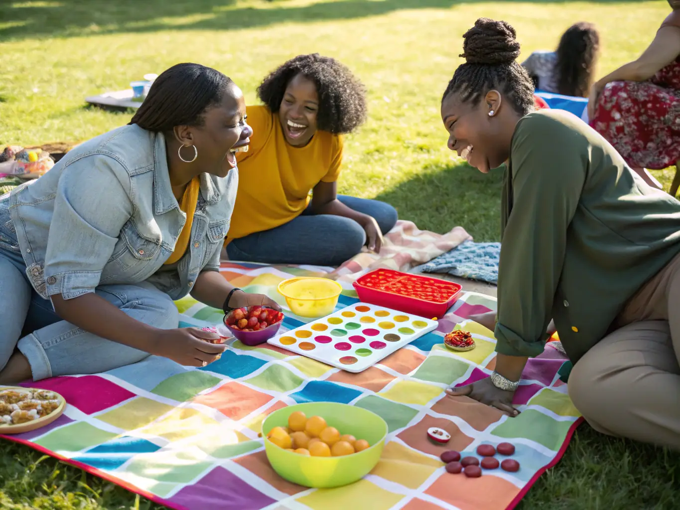 A vibrant image of a group of people enjoying a picnic and outdoor games during a RANDONNEE DES MILLE SOURCES family fun day. The image should evoke a sense of joy and community.