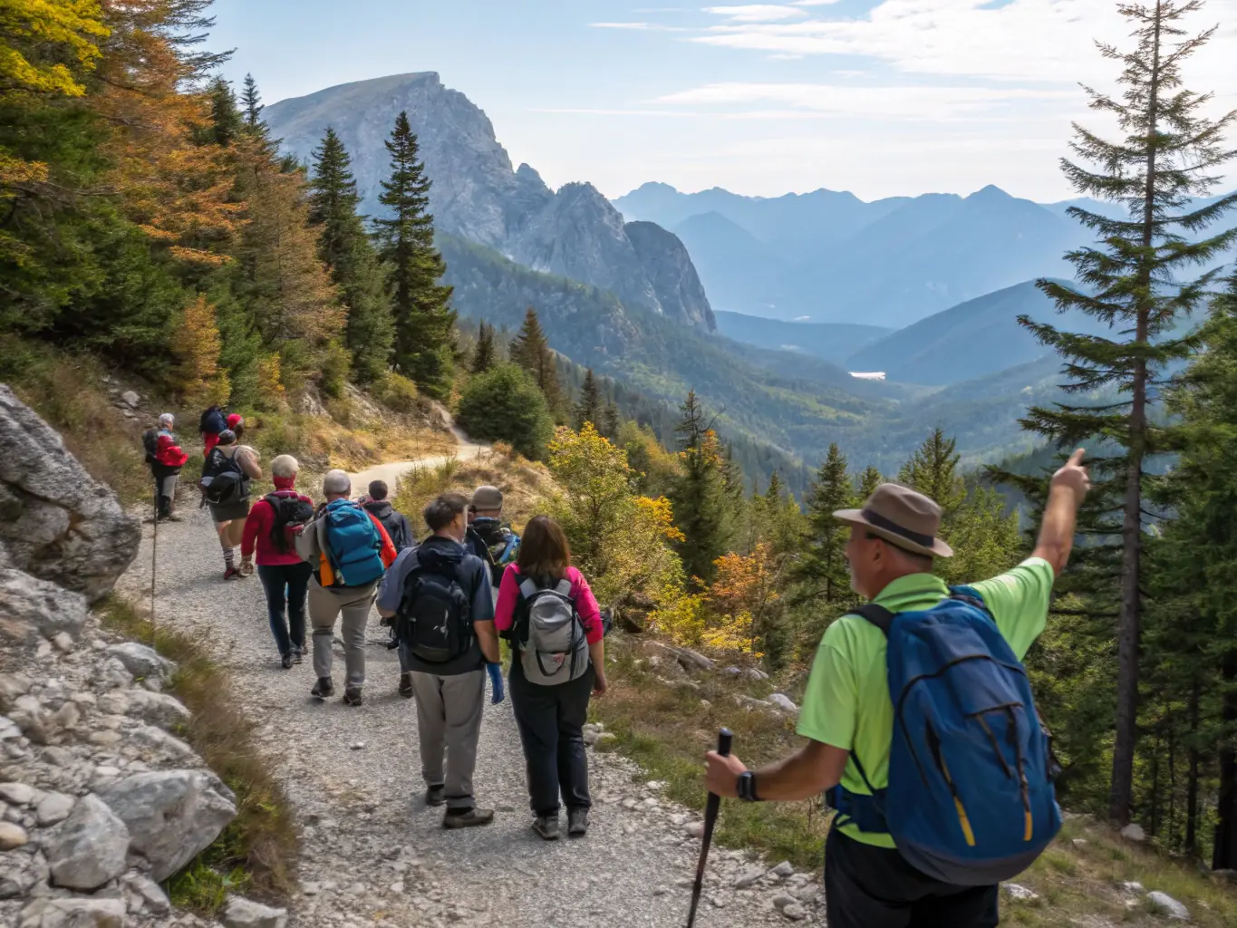 A group of hikers traversing a scenic mountain trail during a RANDONNEE DES MILLE SOURCES event. The image should capture the beauty of the natural landscape and the camaraderie among the participants.