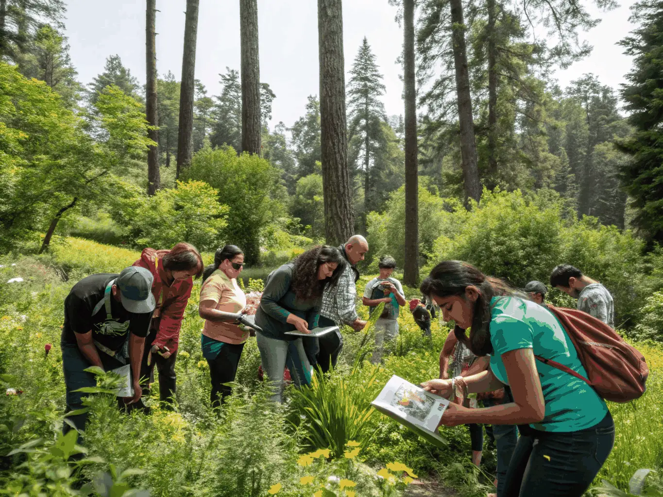 A photograph showcasing participants engaged in a nature-based workshop organized by RANDONNEE DES MILLE SOURCES. The image should highlight hands-on learning and interaction with the natural environment.