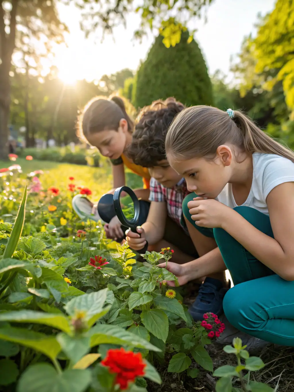 A group of children learning about local flora and fauna during an outdoor education program, highlighting the organization's commitment to youth engagement.