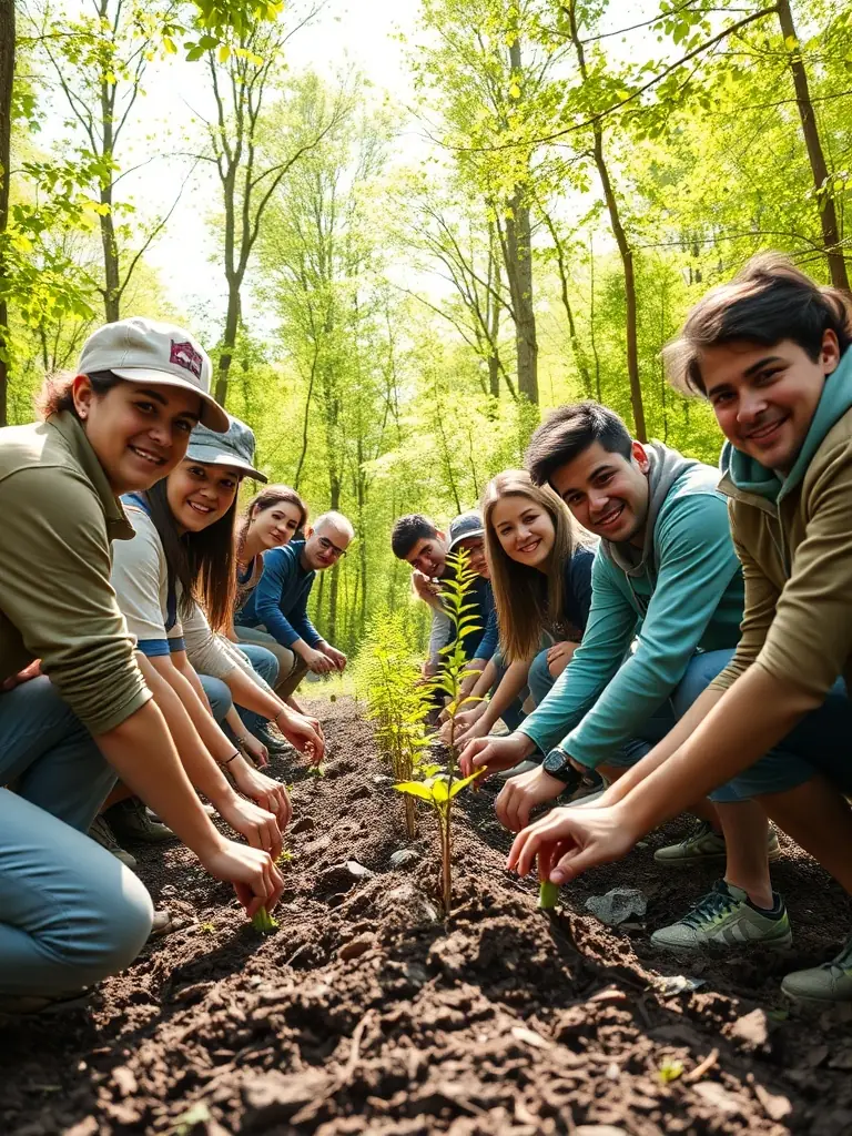 Volunteers planting trees in a deforested area, symbolizing the environmental conservation efforts supported by RANDONNEE DES MILLE SOURCES.