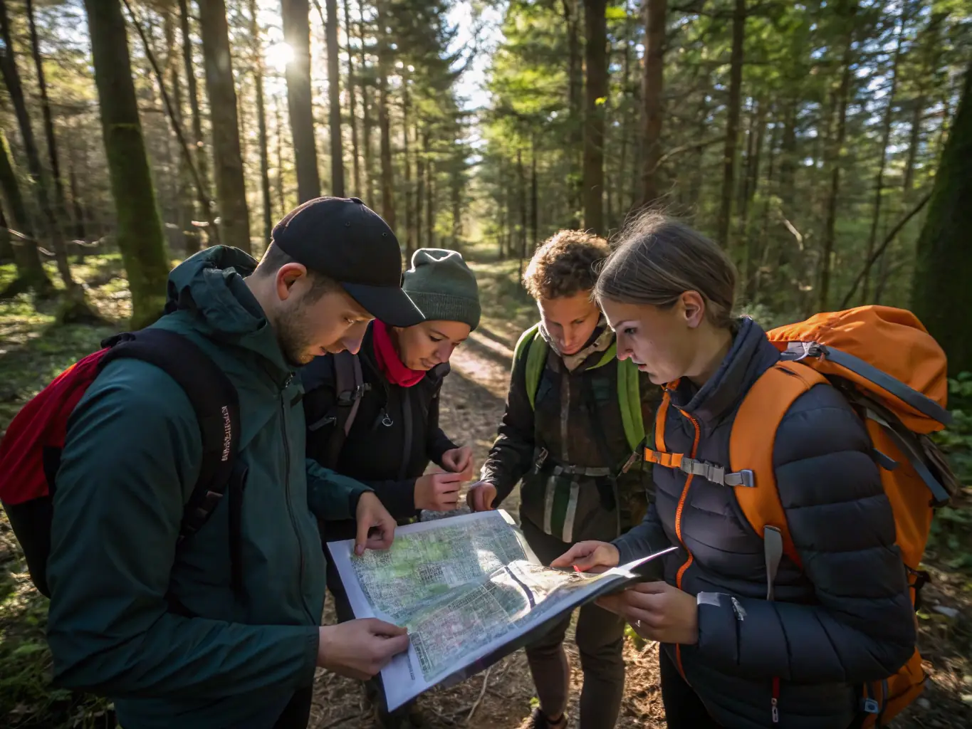 A photograph of participants engaging in a map reading activity during a RANDONNEE DES MILLE SOURCES orienteering event. The image should convey a sense of adventure and teamwork.